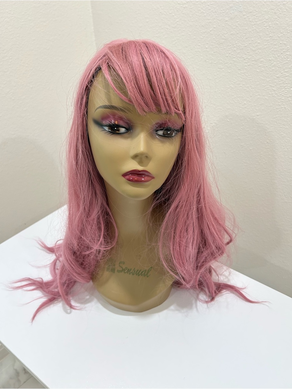 Wig Pink Long Wavy with Bangs Synthetic Hairpiece
